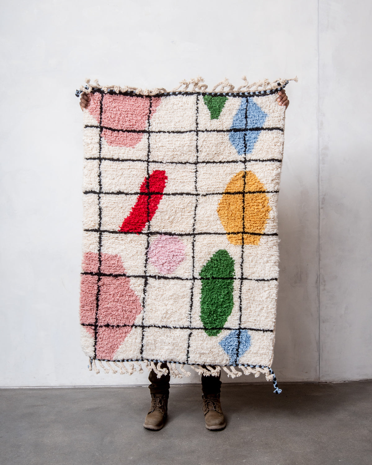 Modern, designer, handcrafted Berber rug from Morocco. Beniourain carpet with beautiful colours and patterns and fluffy wool texture.